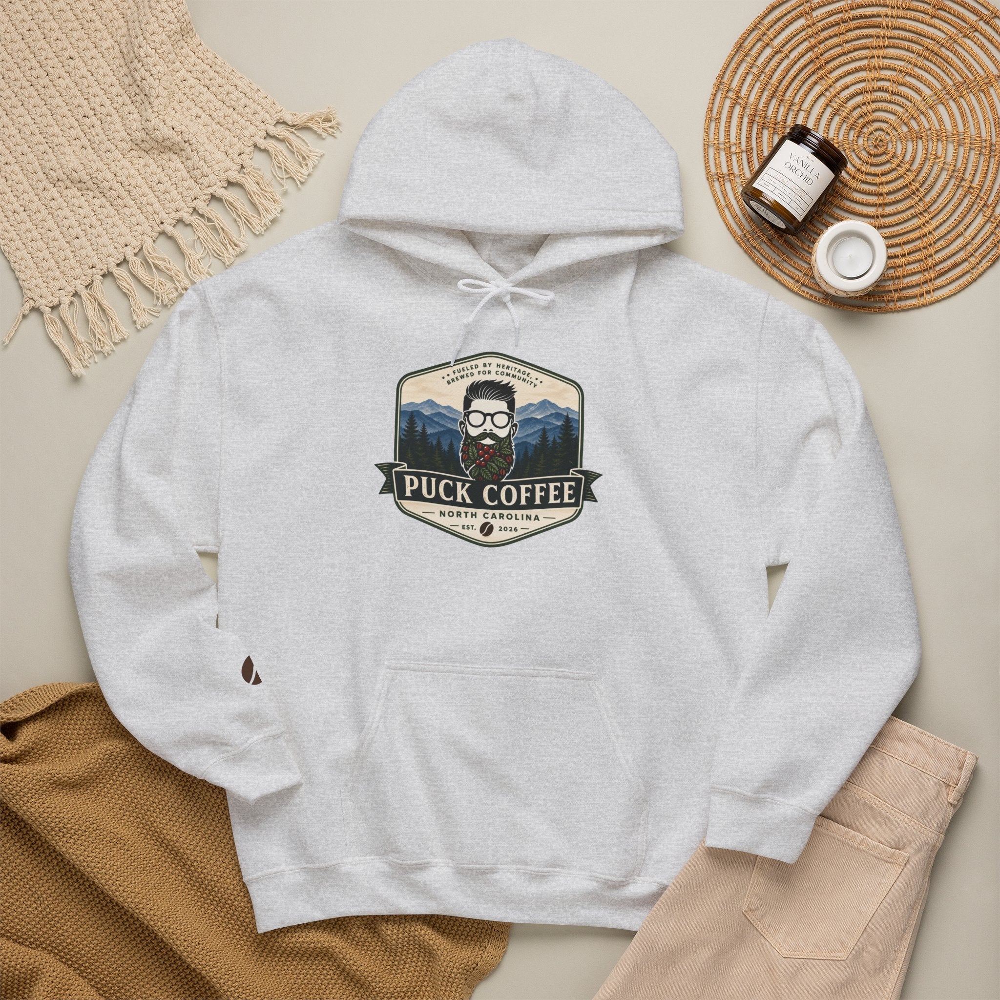 Puck Coffee Hoodie — Rustic Mountain Coffee Logo Sweatshirt