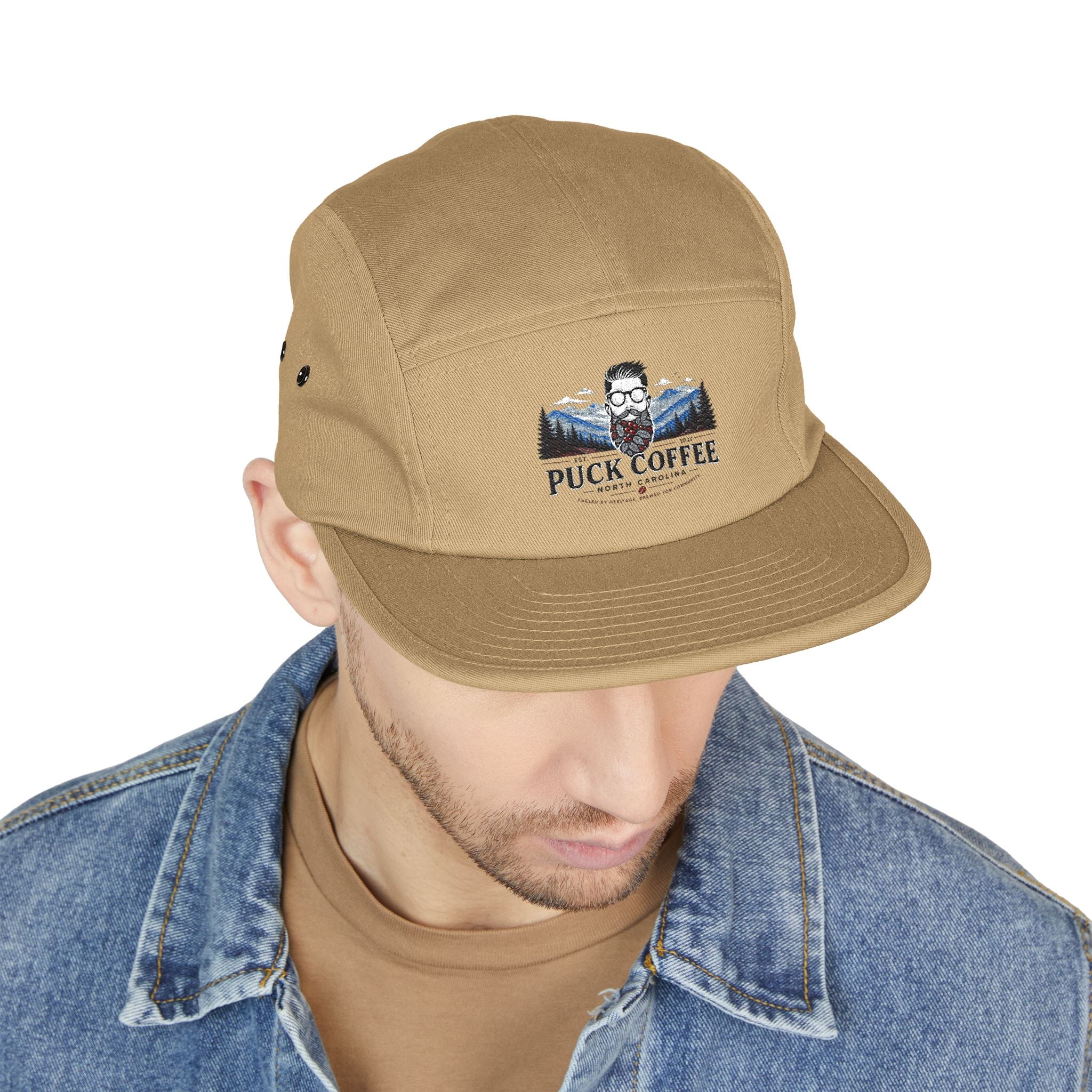 Puck Coffee Embroidered 5-Panel Cap — Outdoor Mountain Coffee Hat