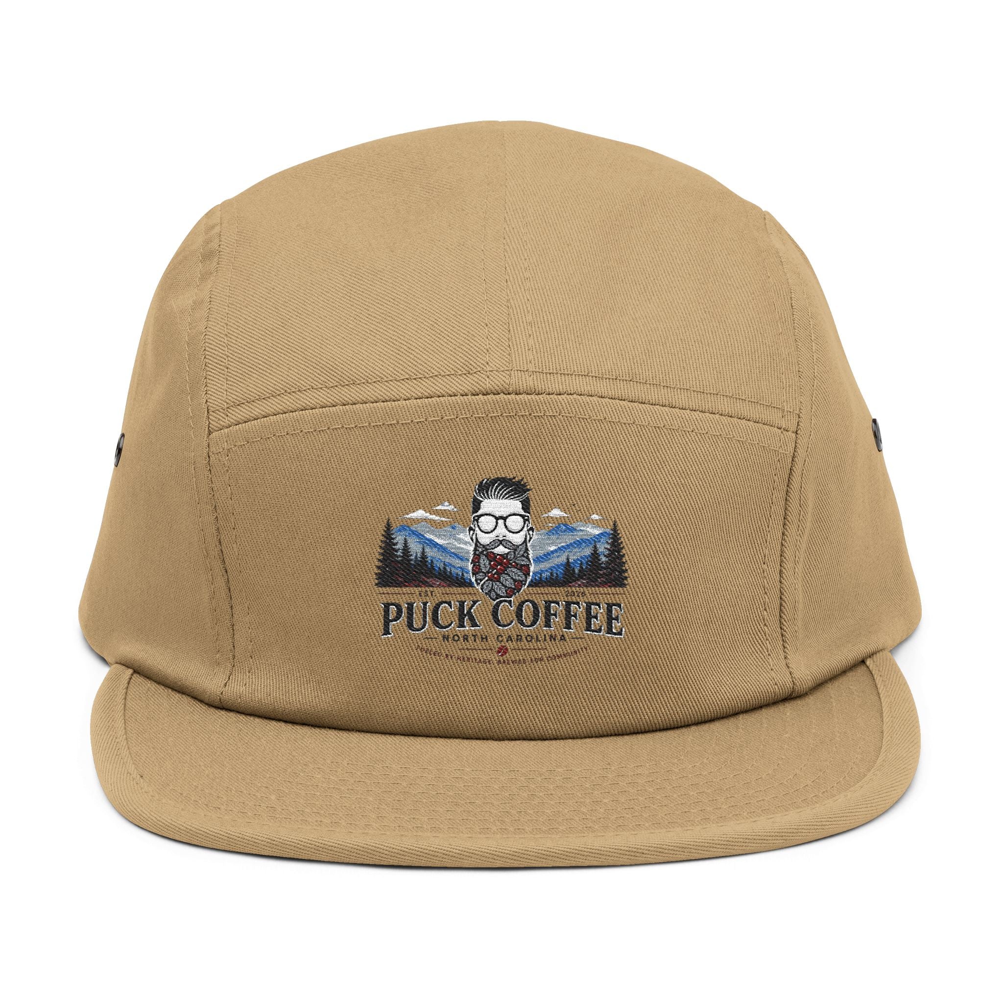 Puck Coffee Embroidered 5-Panel Cap — Outdoor Mountain Coffee Hat