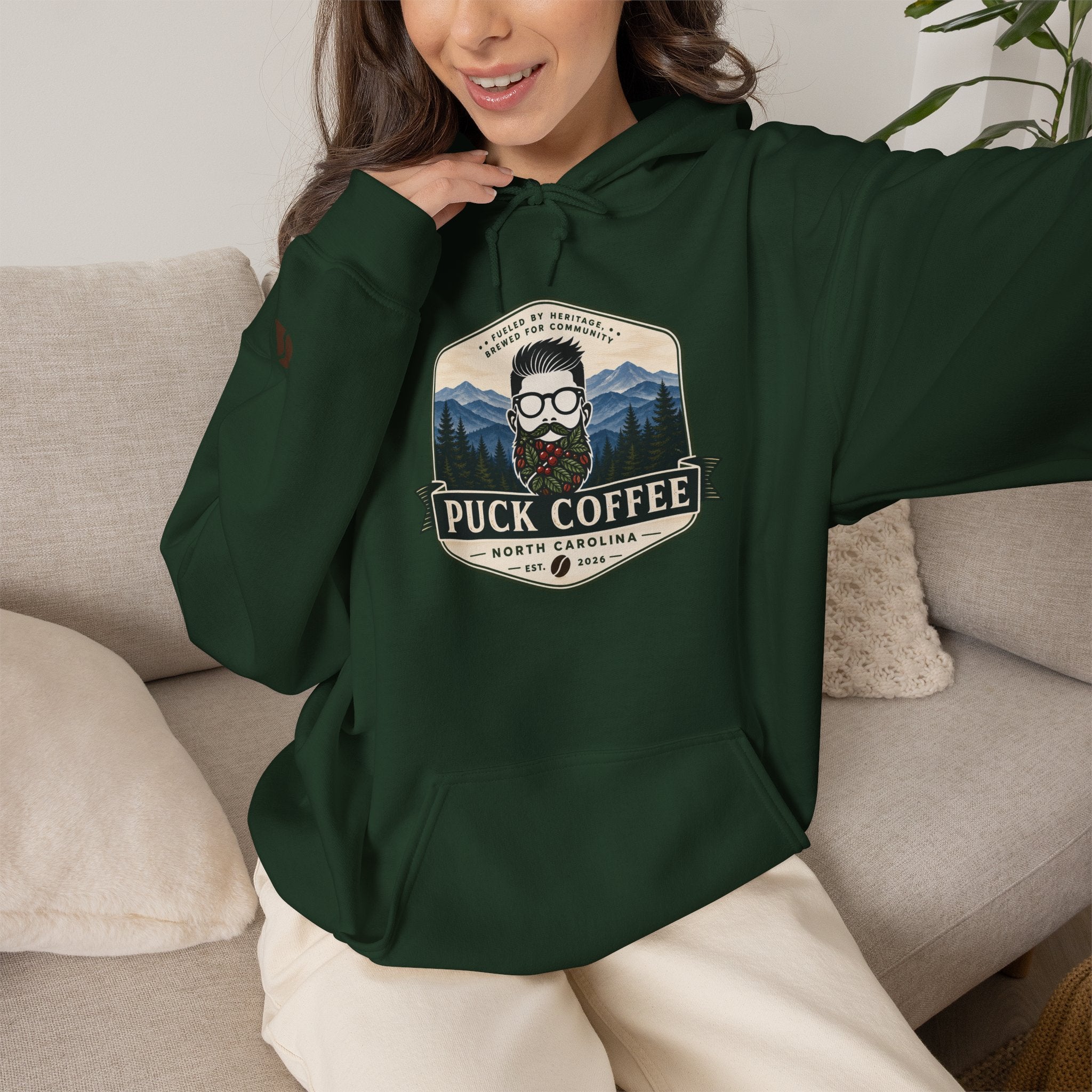 Puck Coffee Hoodie — Rustic Mountain Coffee Logo Sweatshirt