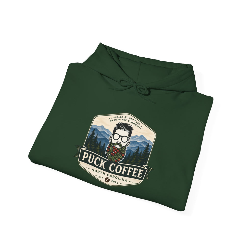 Puck Coffee Hoodie — Rustic Mountain Coffee Logo Sweatshirt