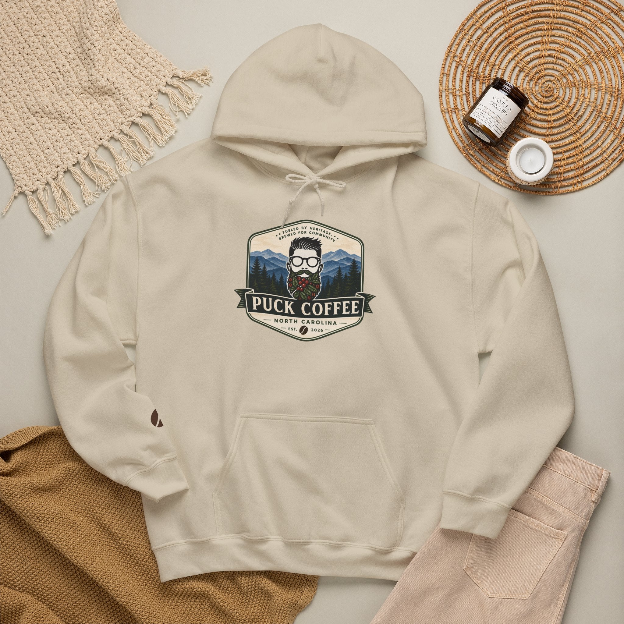 Puck Coffee Hoodie — Rustic Mountain Coffee Logo Sweatshirt