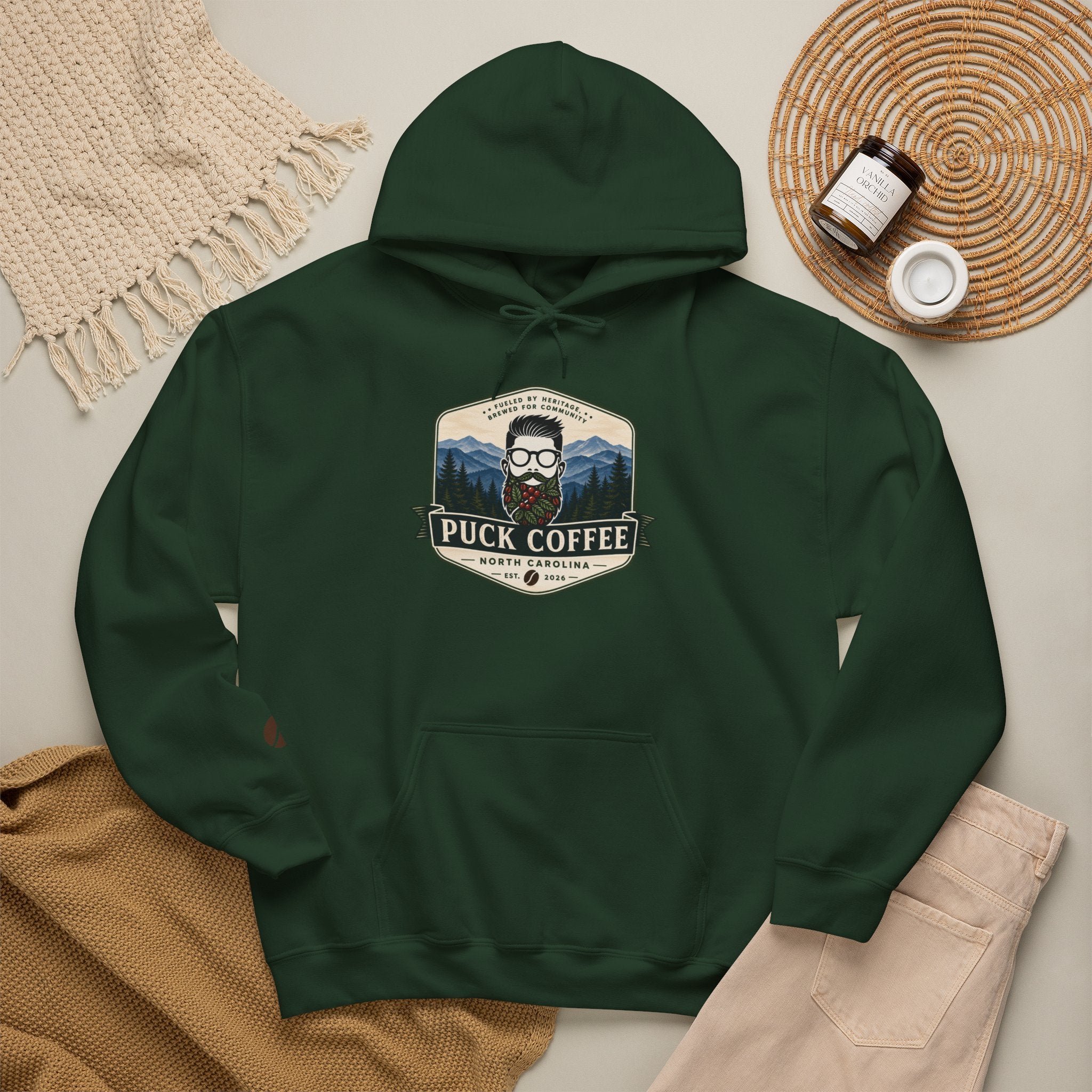 Puck Coffee Hoodie — Rustic Mountain Coffee Logo Sweatshirt