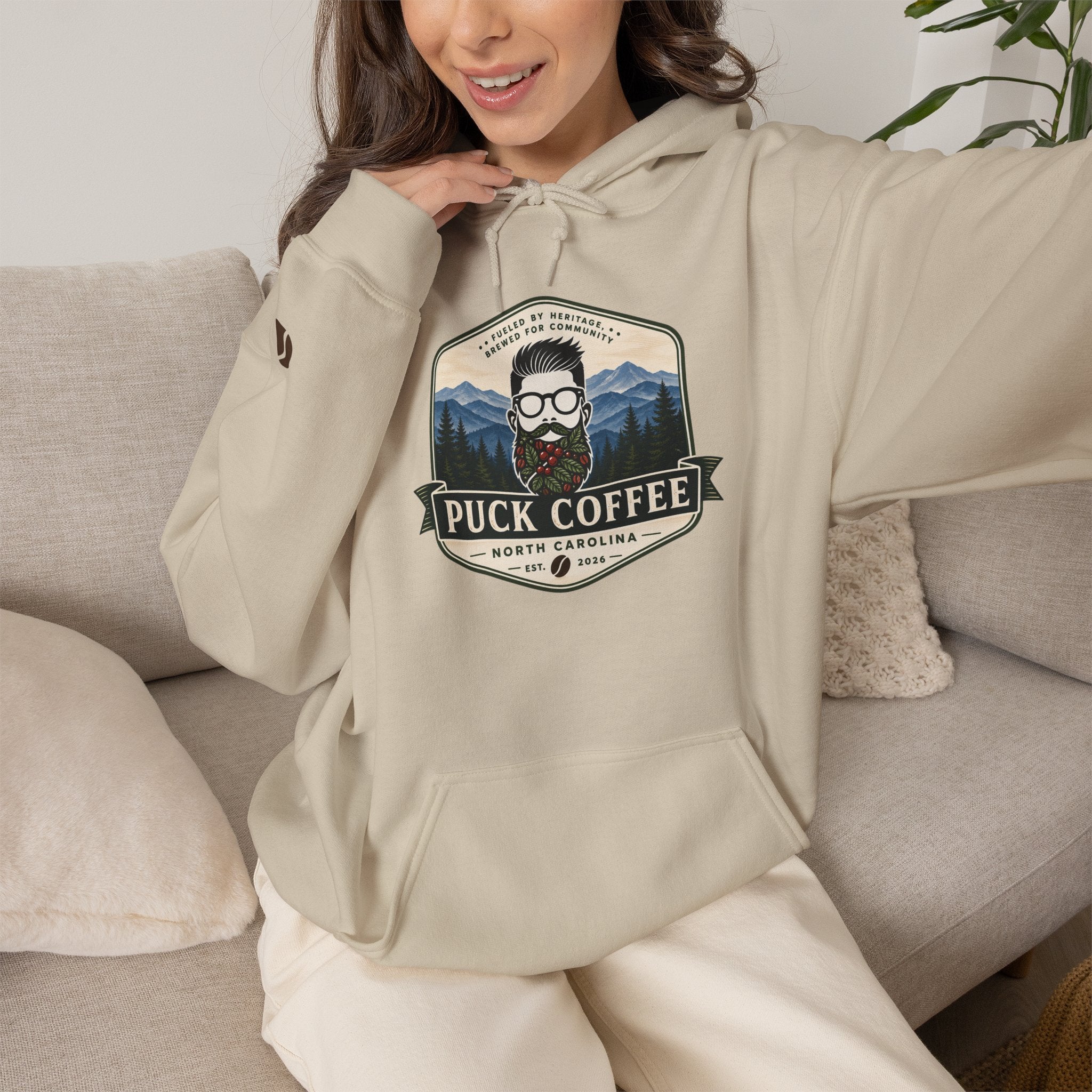 Puck Coffee Hoodie — Rustic Mountain Coffee Logo Sweatshirt