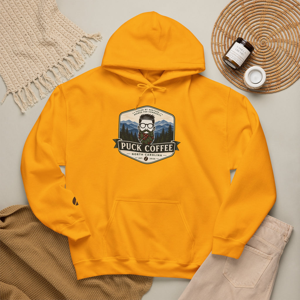 Puck Coffee Hoodie — Rustic Mountain Coffee Logo Sweatshirt
