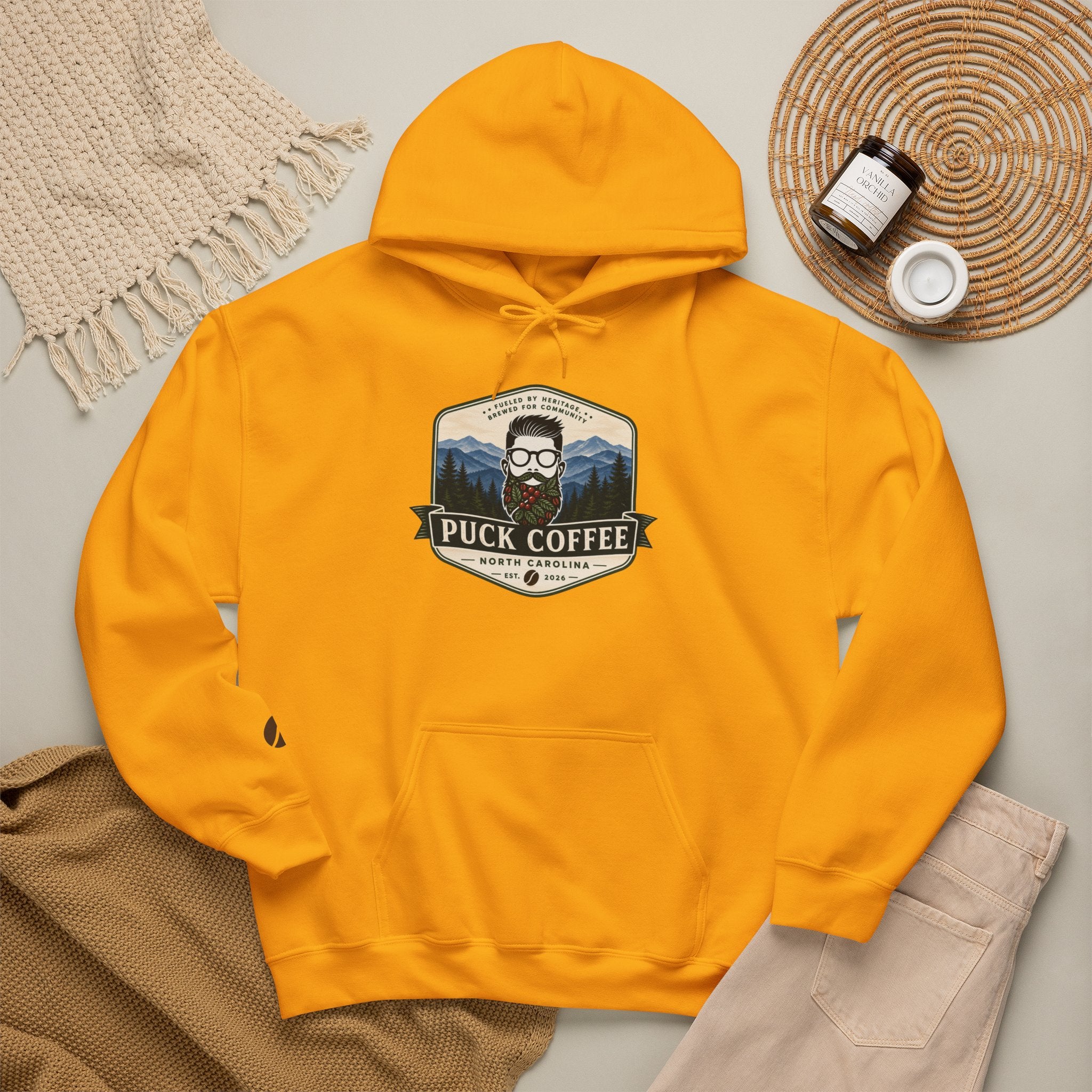 Puck Coffee Hoodie — Rustic Mountain Coffee Logo Sweatshirt
