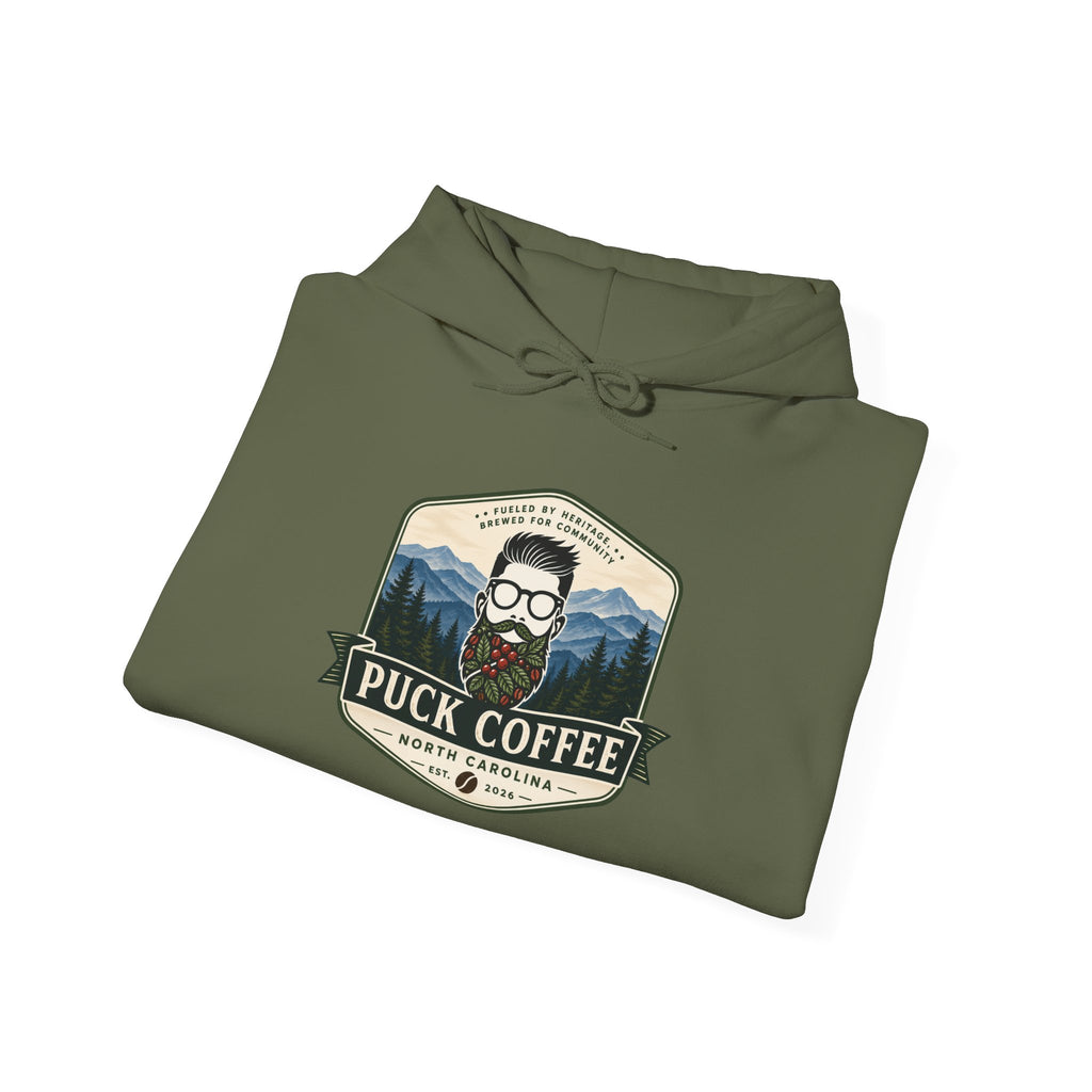 Puck Coffee Hoodie — Rustic Mountain Coffee Logo Sweatshirt