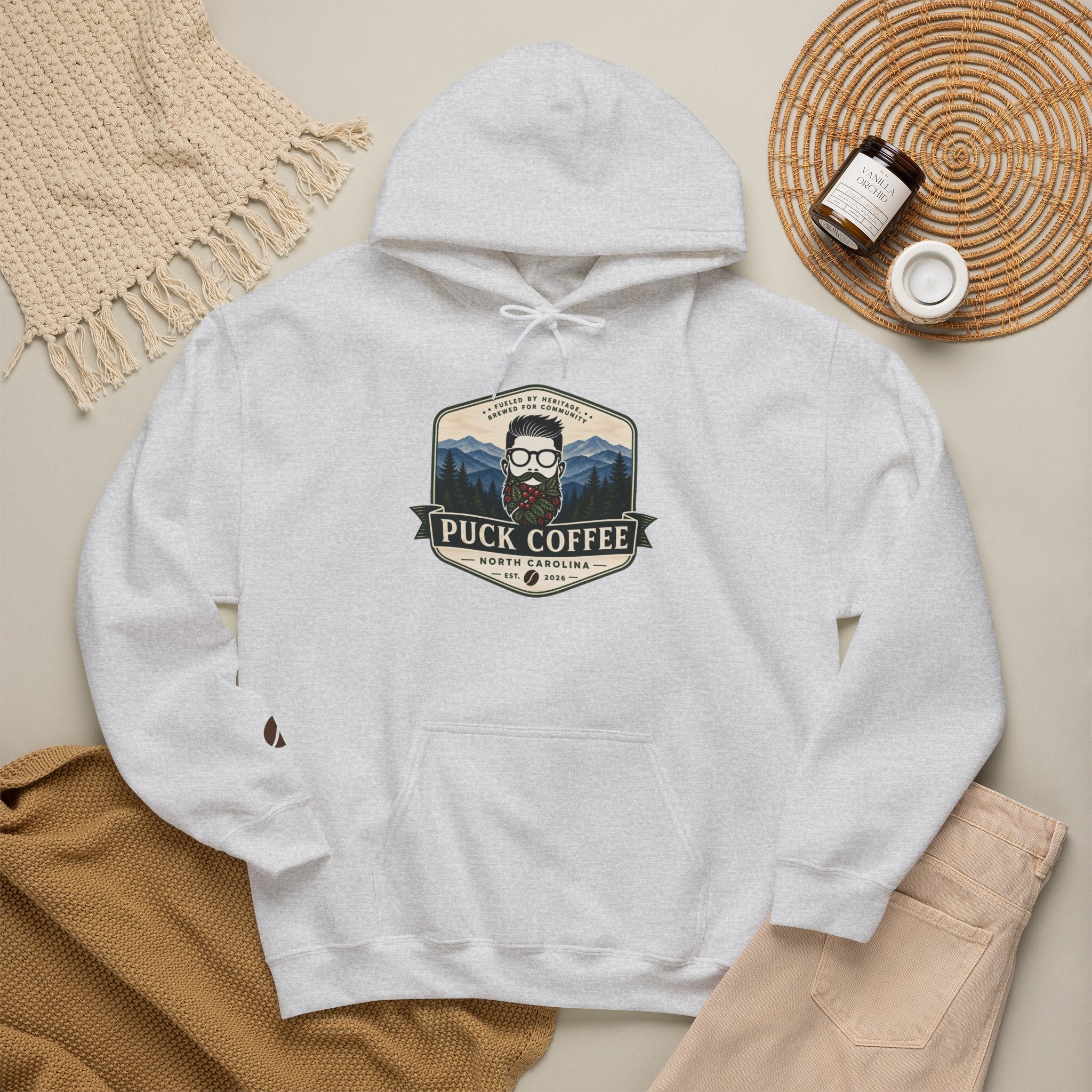 Puck Coffee Hoodie — Rustic Mountain Coffee Logo Sweatshirt