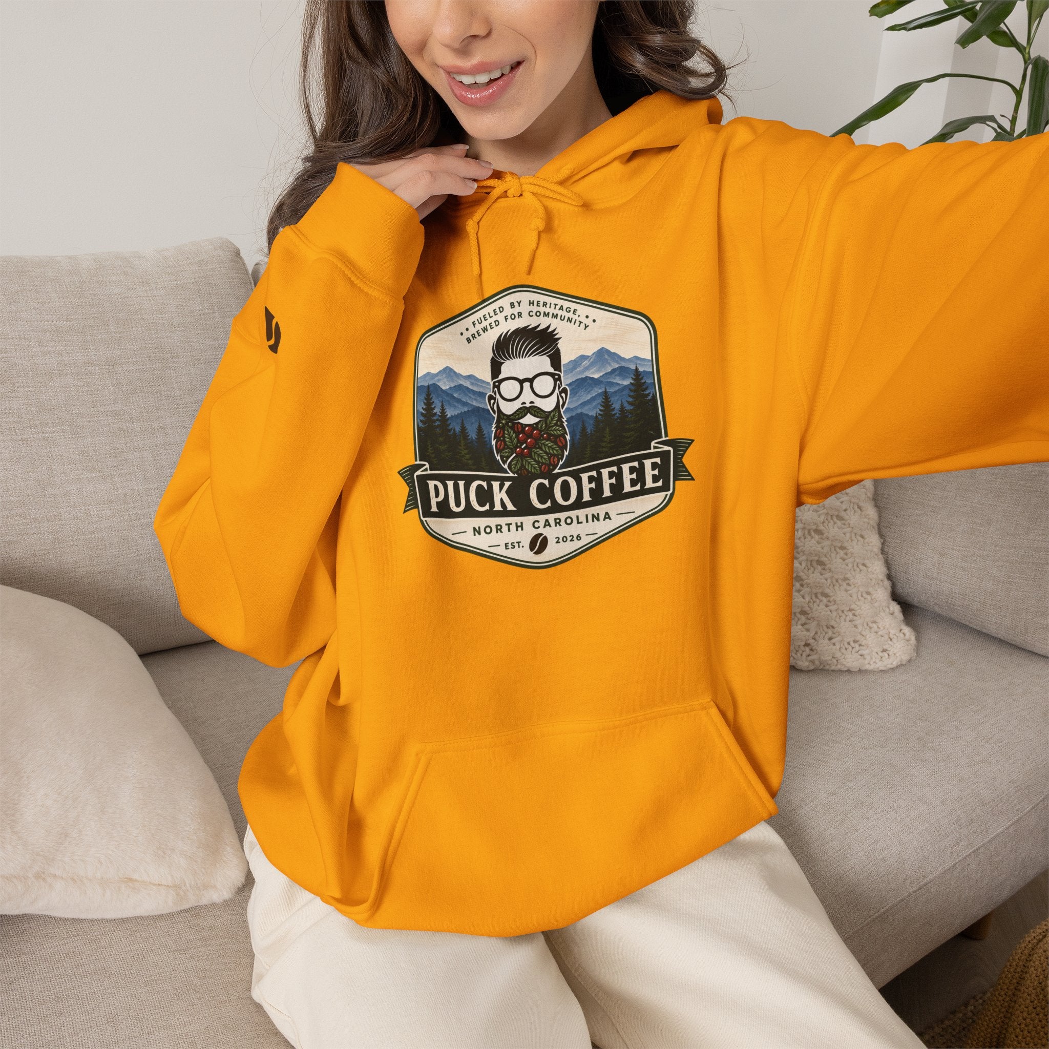 Puck Coffee Hoodie — Rustic Mountain Coffee Logo Sweatshirt