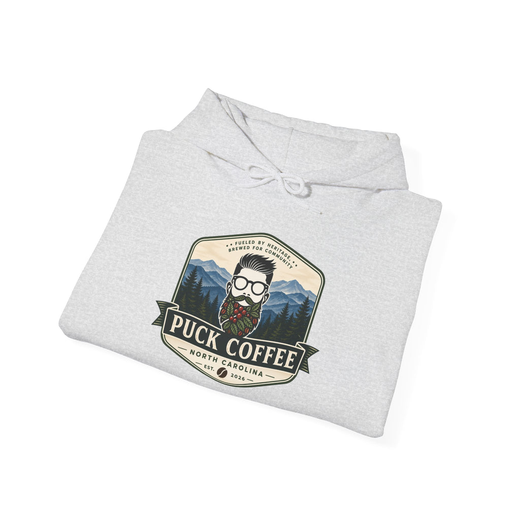 Puck Coffee Hoodie — Rustic Mountain Coffee Logo Sweatshirt