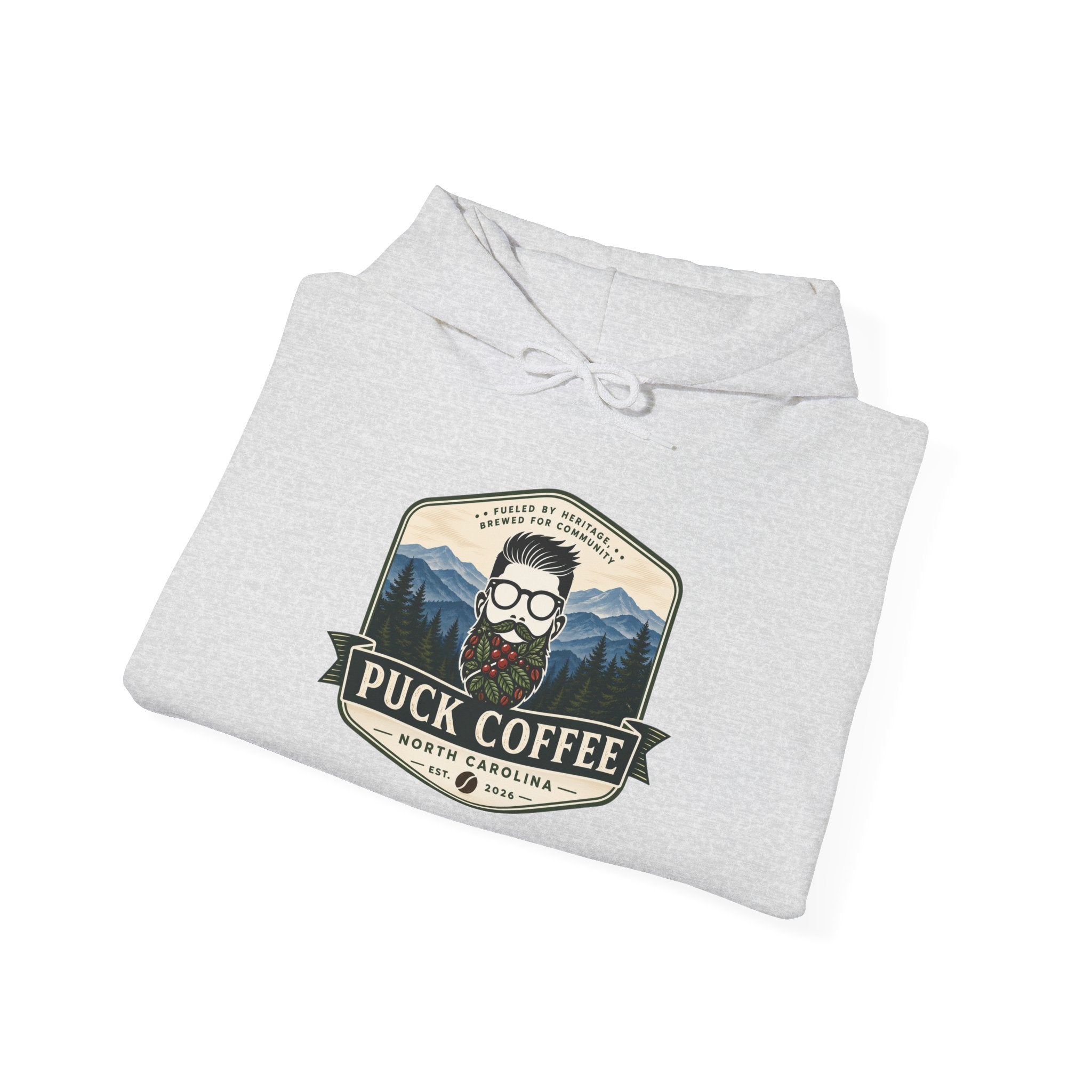 Puck Coffee Hoodie — Rustic Mountain Coffee Logo Sweatshirt
