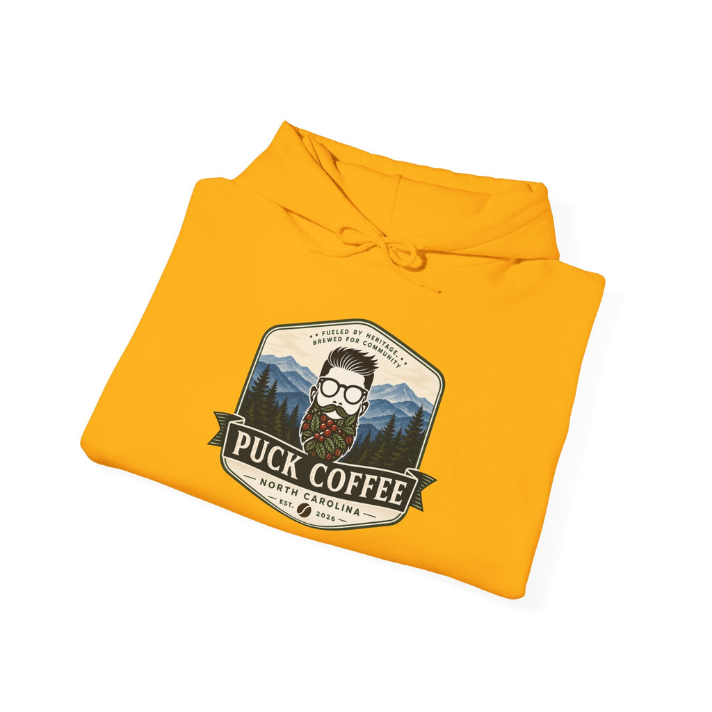Puck Coffee Hoodie — Rustic Mountain Coffee Logo Sweatshirt