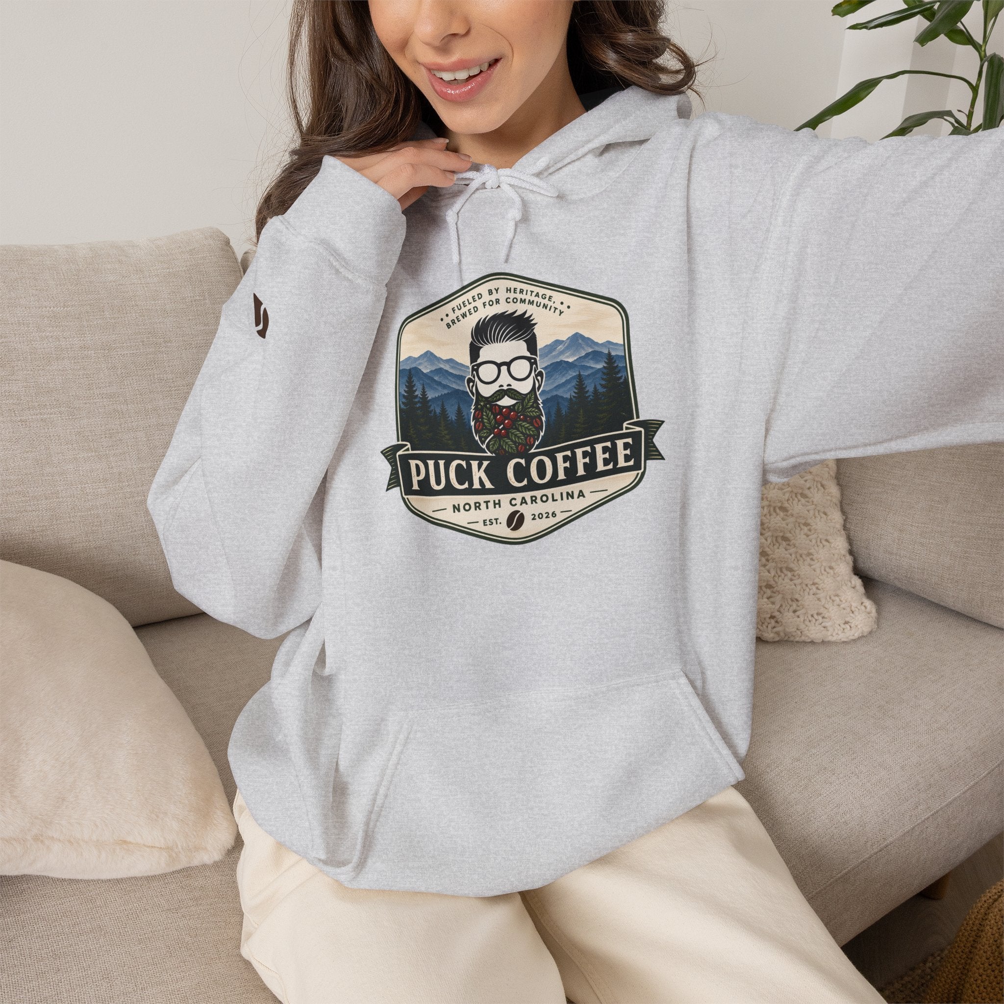 Puck Coffee Hoodie — Rustic Mountain Coffee Logo Sweatshirt