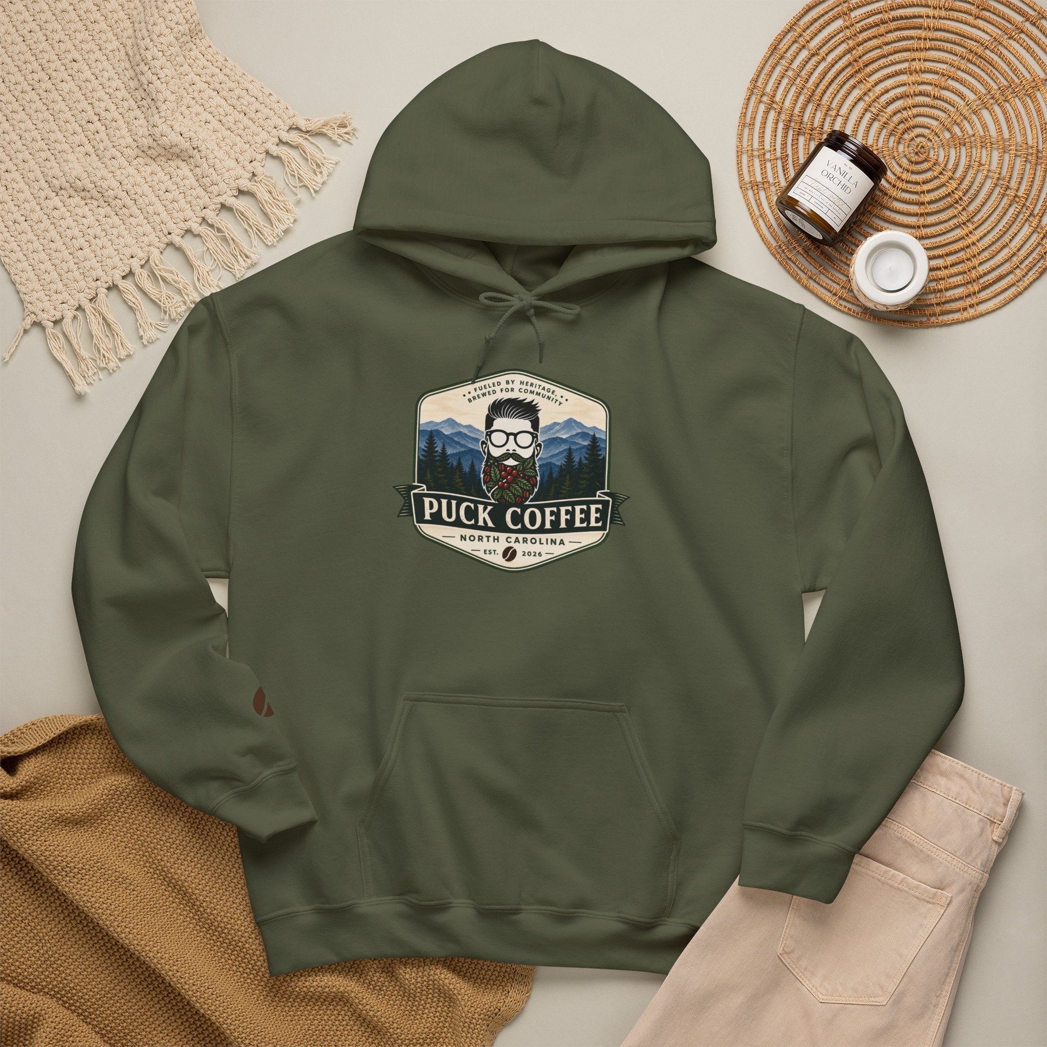 Puck Coffee Hoodie — Rustic Mountain Coffee Logo Sweatshirt