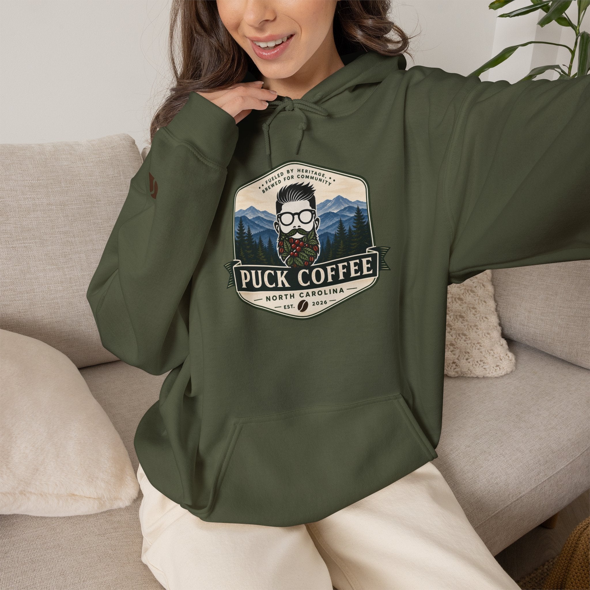 Puck Coffee Hoodie — Rustic Mountain Coffee Logo Sweatshirt