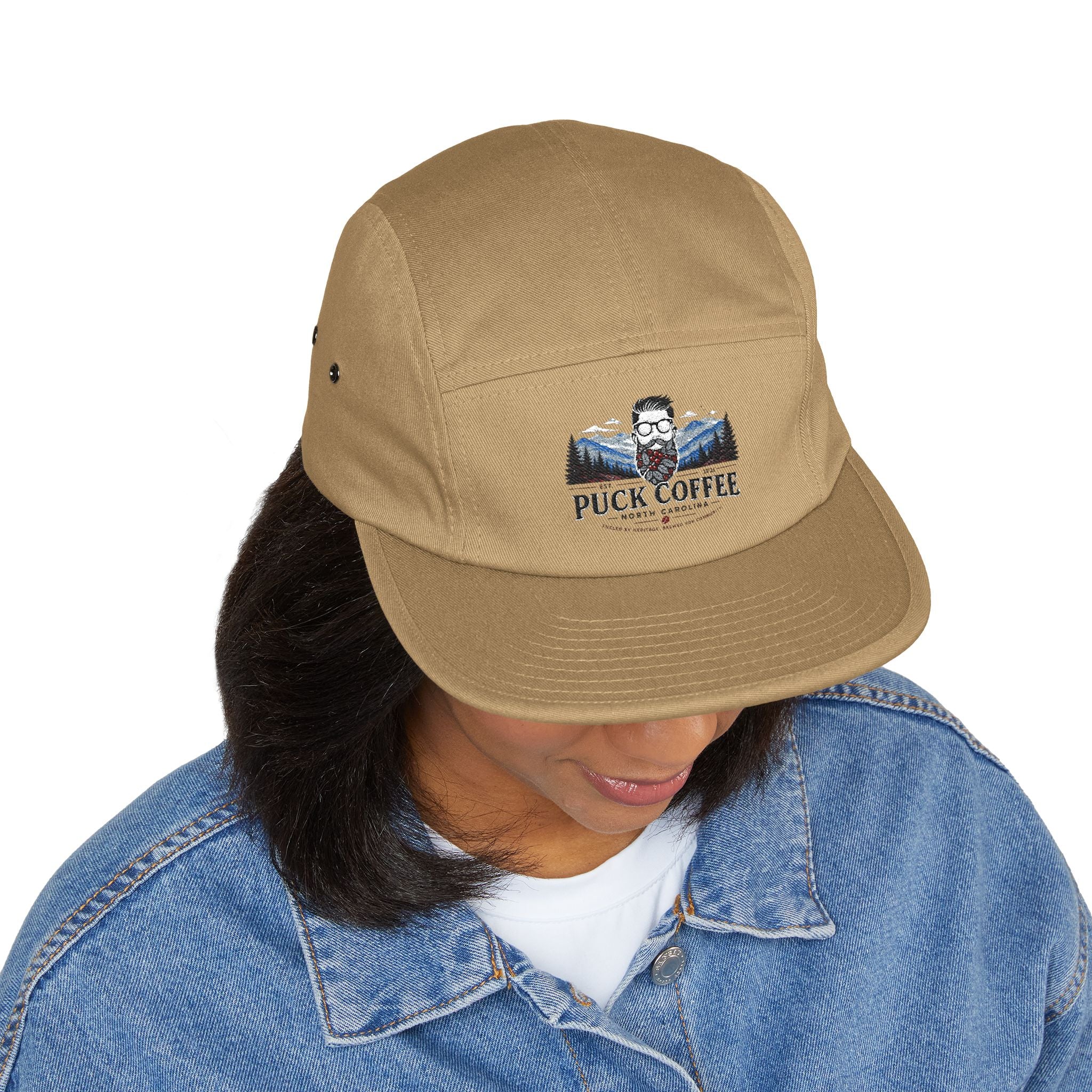 Puck Coffee Embroidered 5-Panel Cap — Outdoor Mountain Coffee Hat