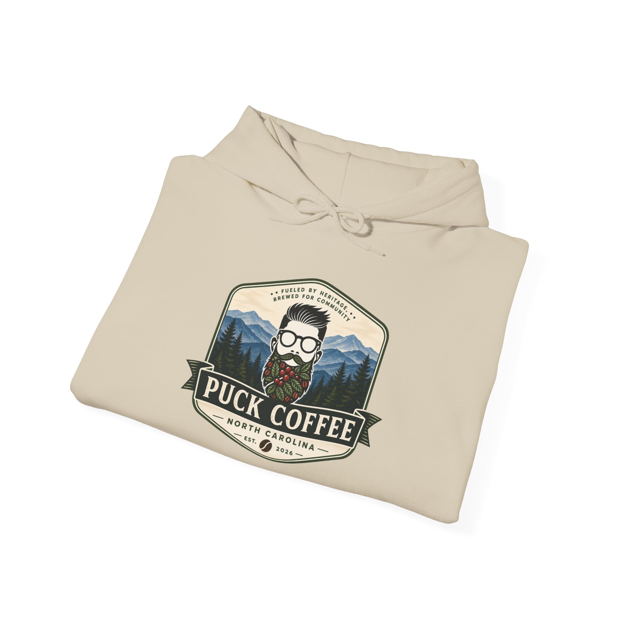 Puck Coffee Hoodie — Rustic Mountain Coffee Logo Sweatshirt